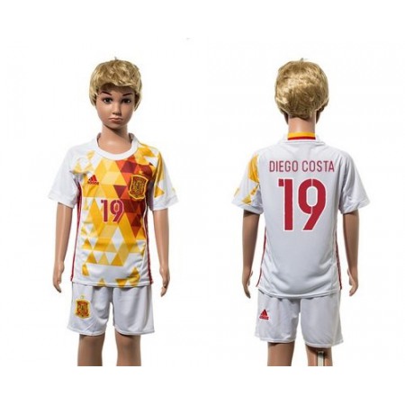 Spain #19 Diego Costa White Away Kid Soccer Country Jersey