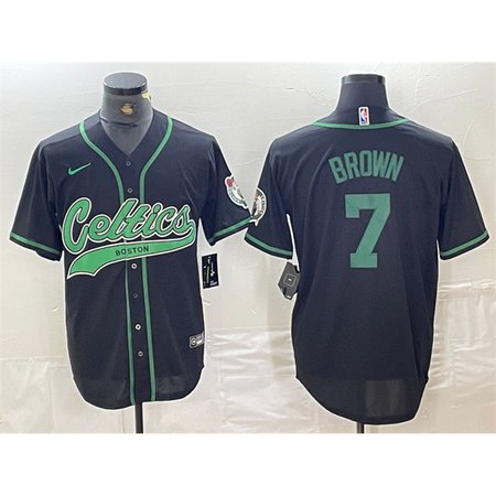 Men's Boston Celtics #7 Jaylen Brown Black With Patch Stitched Baseball Jersey